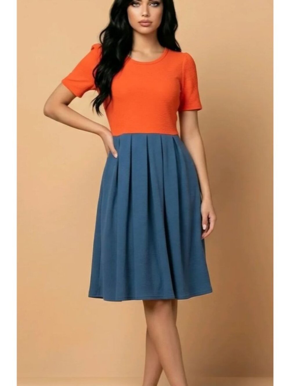 LulaRoe Fit & Flare Amelia Midi Dress Size XXS Peach & Blue